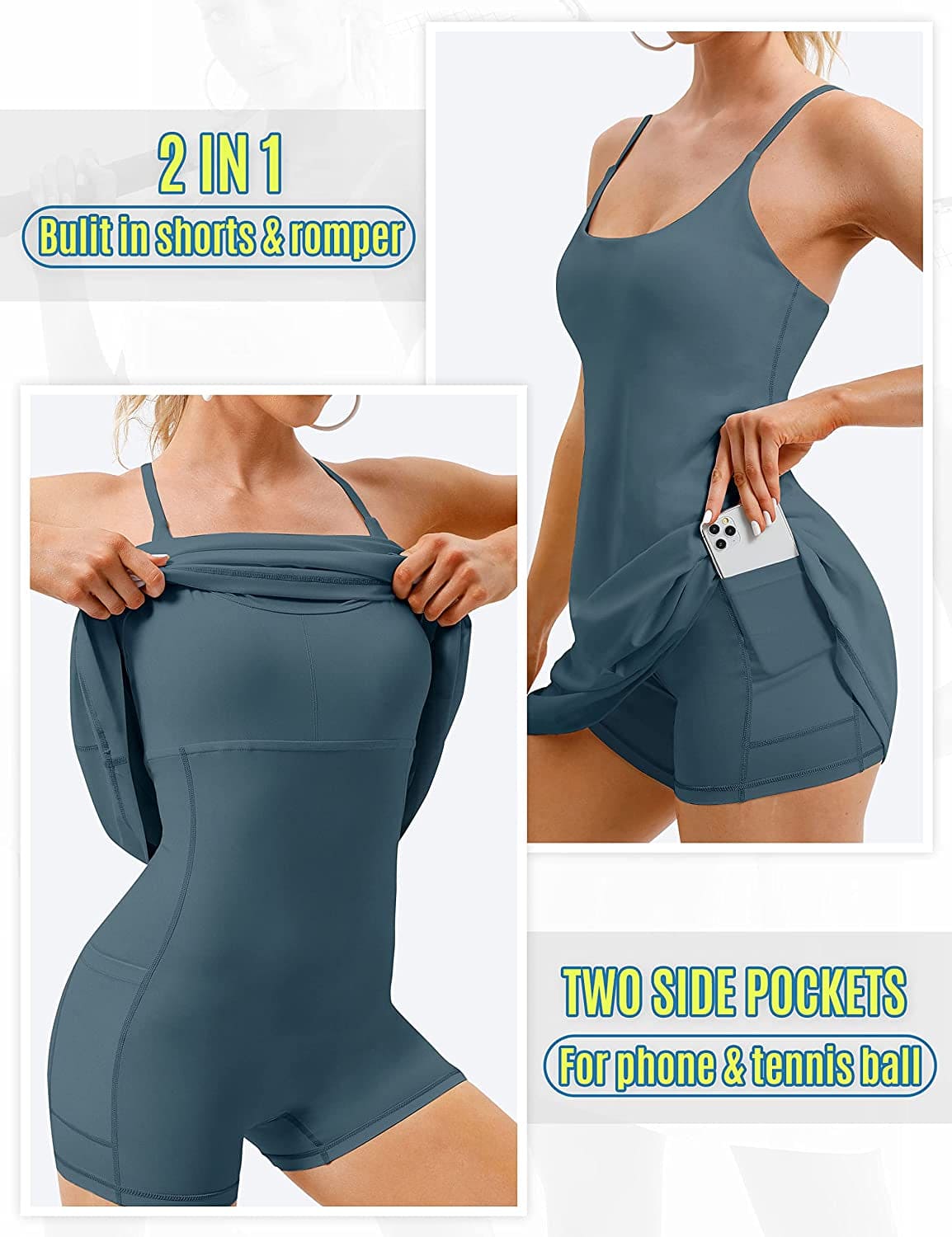 Womens Tennis Dress, Workout Dress with Built-In Bra & Shorts Pockets Exercise Dress for Golf Athletic Dresses for Women