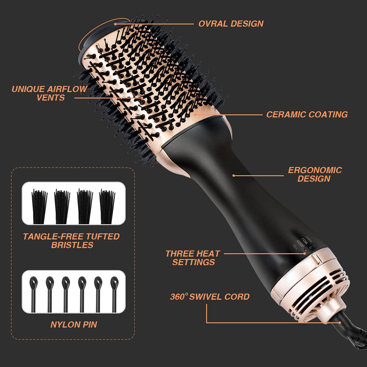 Hot Air Brush, Hair Dryer Brush & Volumizer, 3 in 1 Negative Ionic Hair Styler for Straightening, Curling, 1000W, Black & Gold