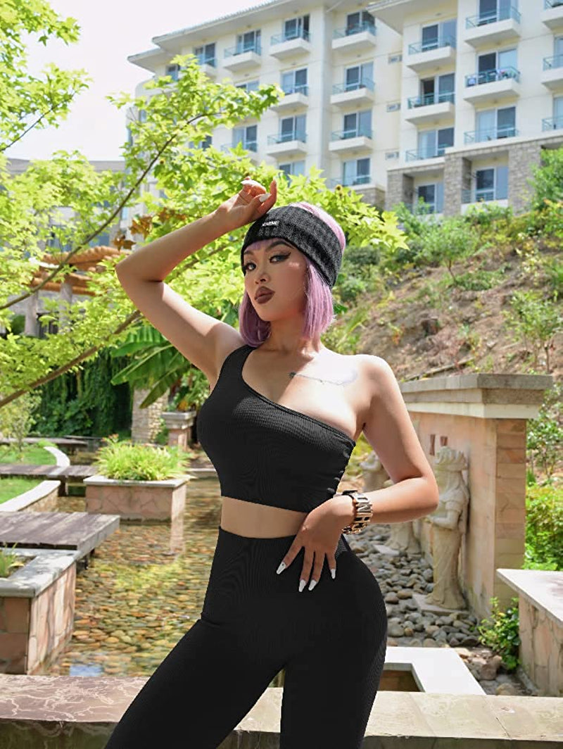 Women'S 4 Piece Outfits Ribbed Exercise Scoop Neck Sports Bra One Shoulder Tops High Waist Shorts Leggings Active Set