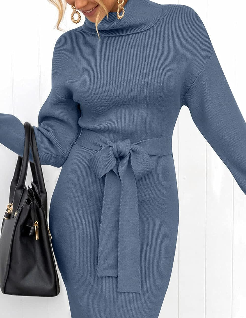 Women'S Turtleneck Sweater Midi Dress Long Sleeve Ribbed Knit Bodycon Slit Dress with Belt
