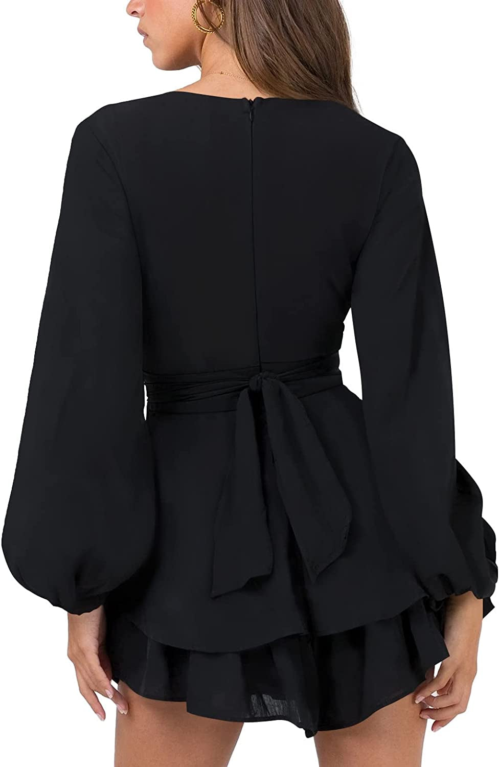 Womens Sexy V Neck Long Baggy Sleeve Tie Waist Ruffle Hem Flowy Swing Mini Short Wrap Dress