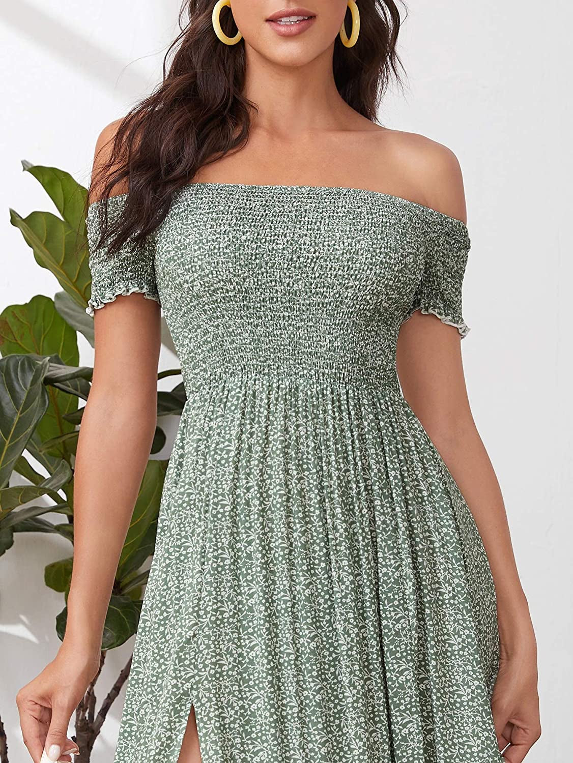 Women'S Boho Floral Print off Shoulder Split Long a Line Dress