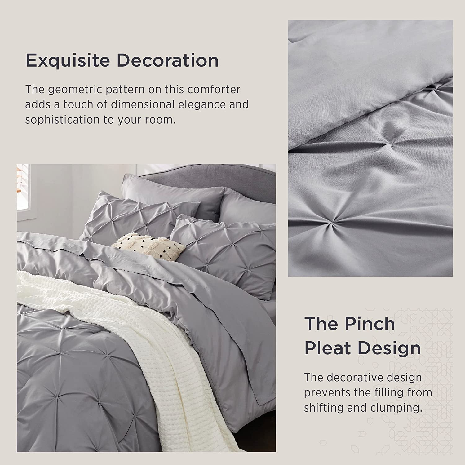Bedsure Queen Comforter Set - 7 Pieces Comforters Queen Size Grey, Pintuck Bedding Sets Queen for All Season, Bed in a Bag with Flat Sheet and Fitted Sheet, Pillowcases & Shams