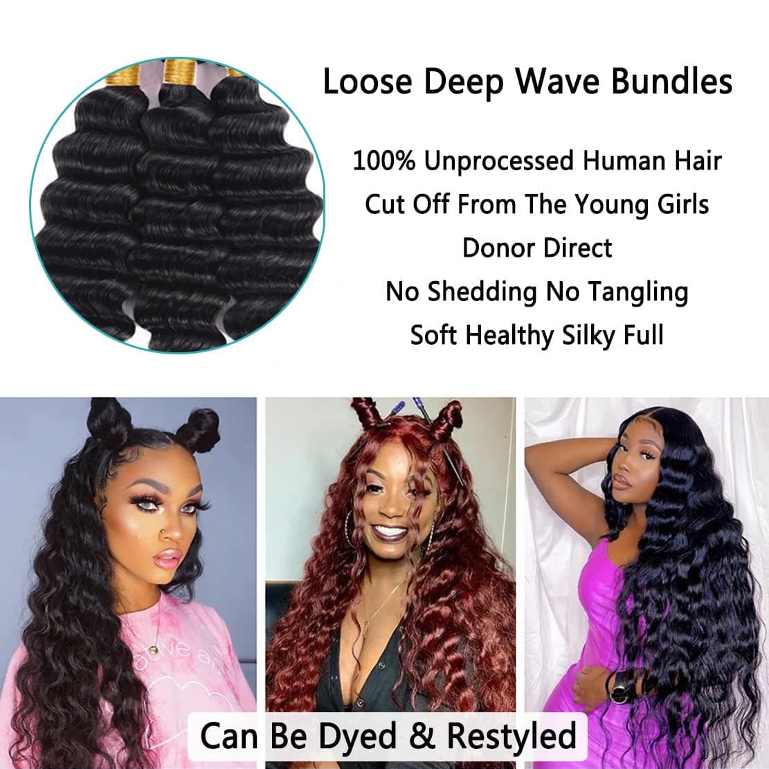 Loose Deep Wave Bundles Human Hair Weave Bundles 100% Unprocessed Brazilian Virgin Hair Wet and Wavy Bundles Human Hair Extensions Natural Black Color