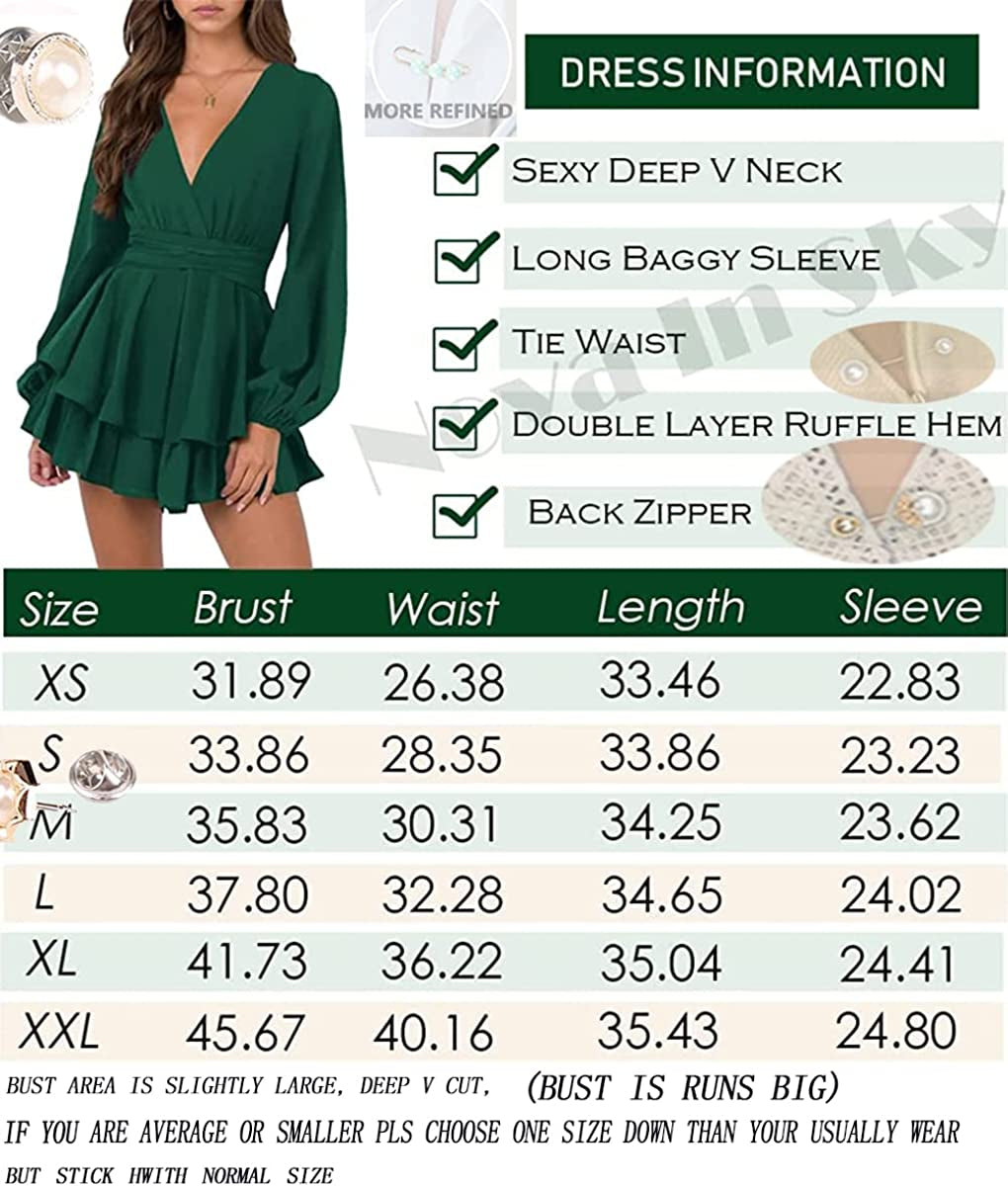 Womens Sexy V Neck Long Baggy Sleeve Tie Waist Ruffle Hem Flowy Swing Mini Short Wrap Dress