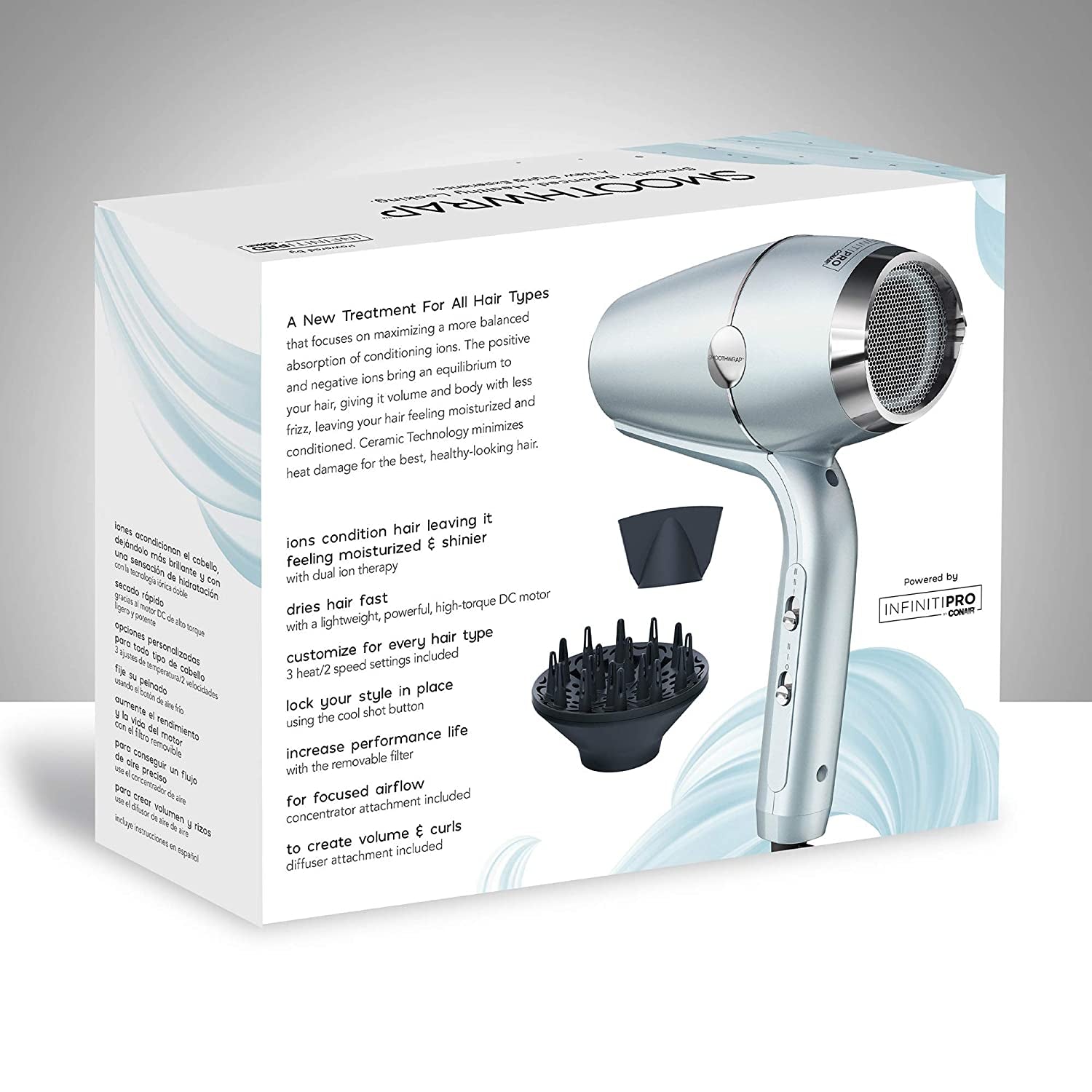 INFINITIPRO by Smoothwrap Hair Dryer, 1875W Hair Dryer with Diffuser, Blow Dryer for Less Frizz, More Volume and Body, with Advanced Plasma Technology and Ceramic Technology