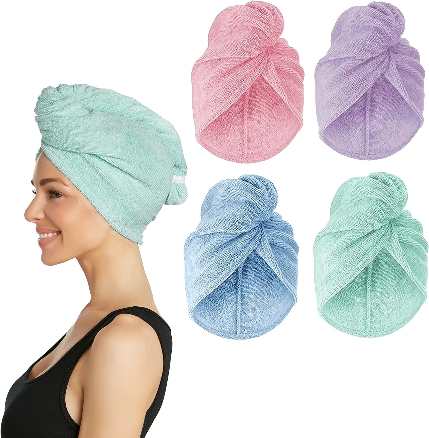 Microfiber Hair Towel Wrap for Women and Men | 4 Pack | Quick Dry Turban for Drying Curly, Long & Thick Hair (Pink, Purple, Blue, Aqua)