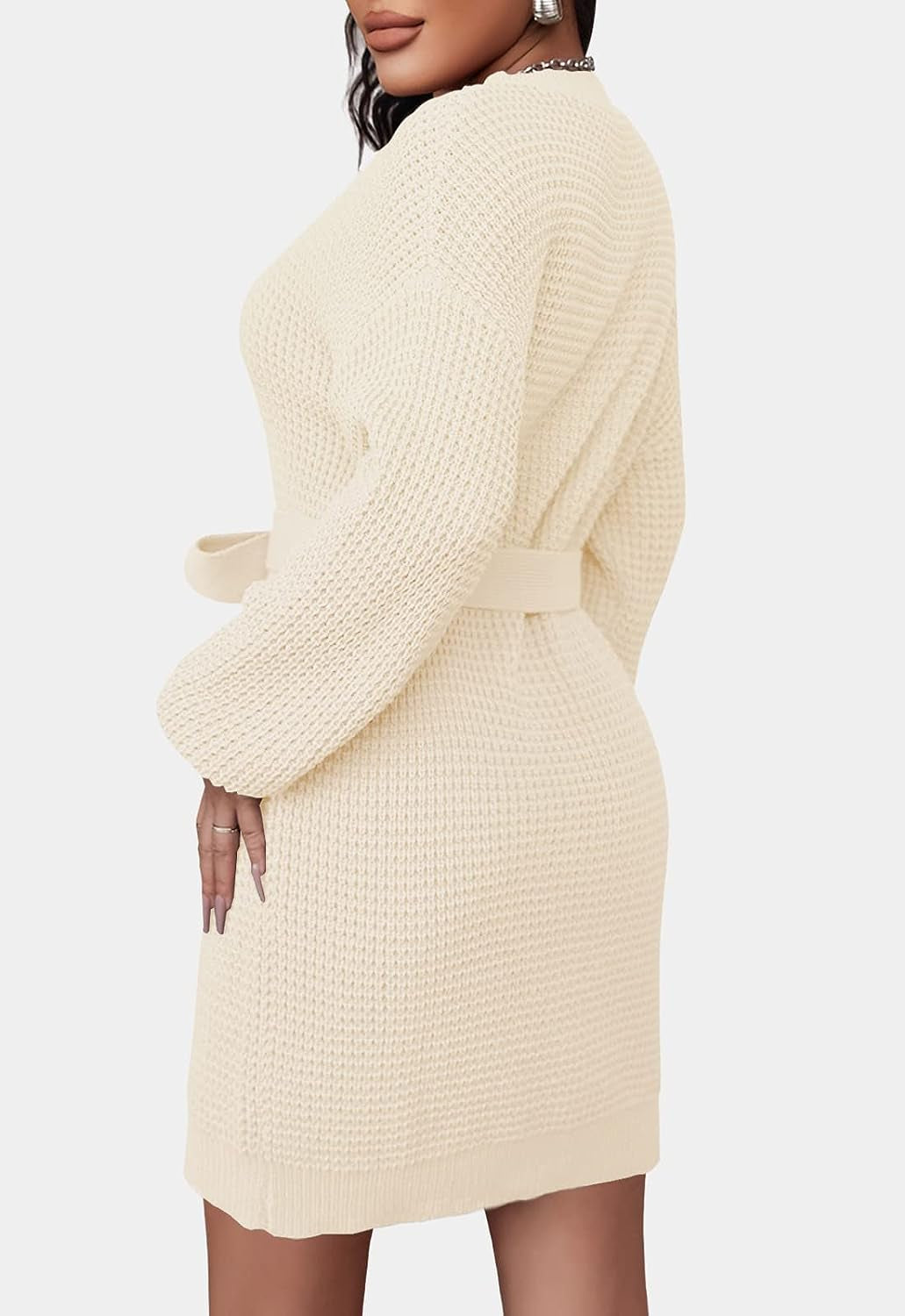 Women'S 2023 Fall Long Sleeve Solid Color Waffle Knitted Tie Wasit Tunic Pullover Sweater Dress