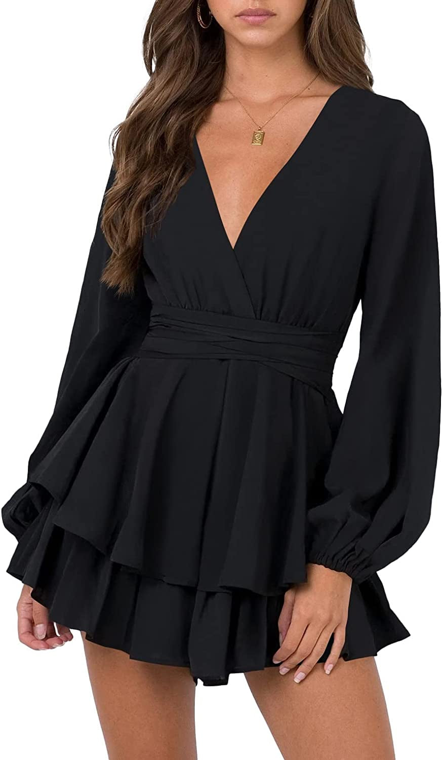 Womens Sexy V Neck Long Baggy Sleeve Tie Waist Ruffle Hem Flowy Swing Mini Short Wrap Dress