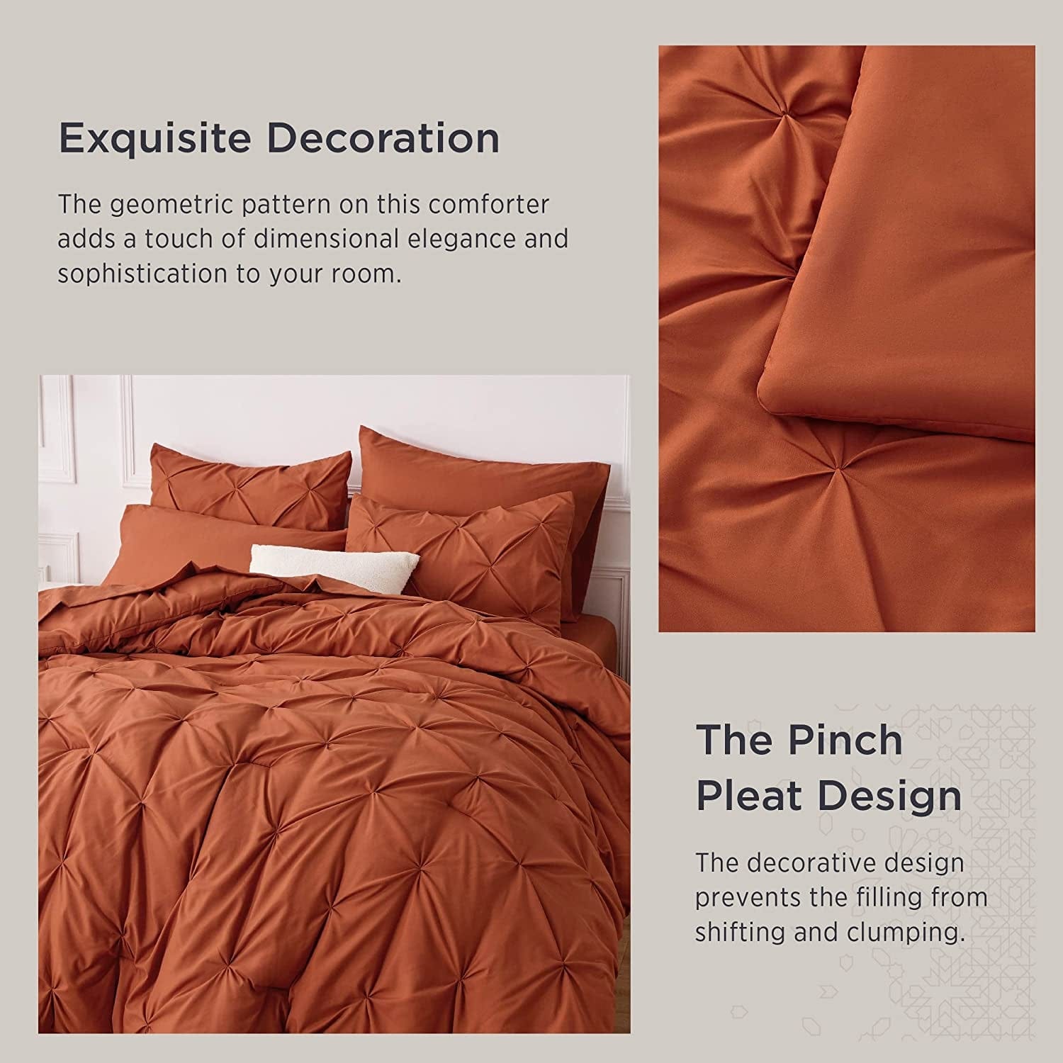 Bedsure Queen Comforter Set - Bed in a Bag Queen 7 Pieces, Pintuck Bedding Sets Burnt Orange Bed Set with Comforter, Sheets, Pillowcases & Shams