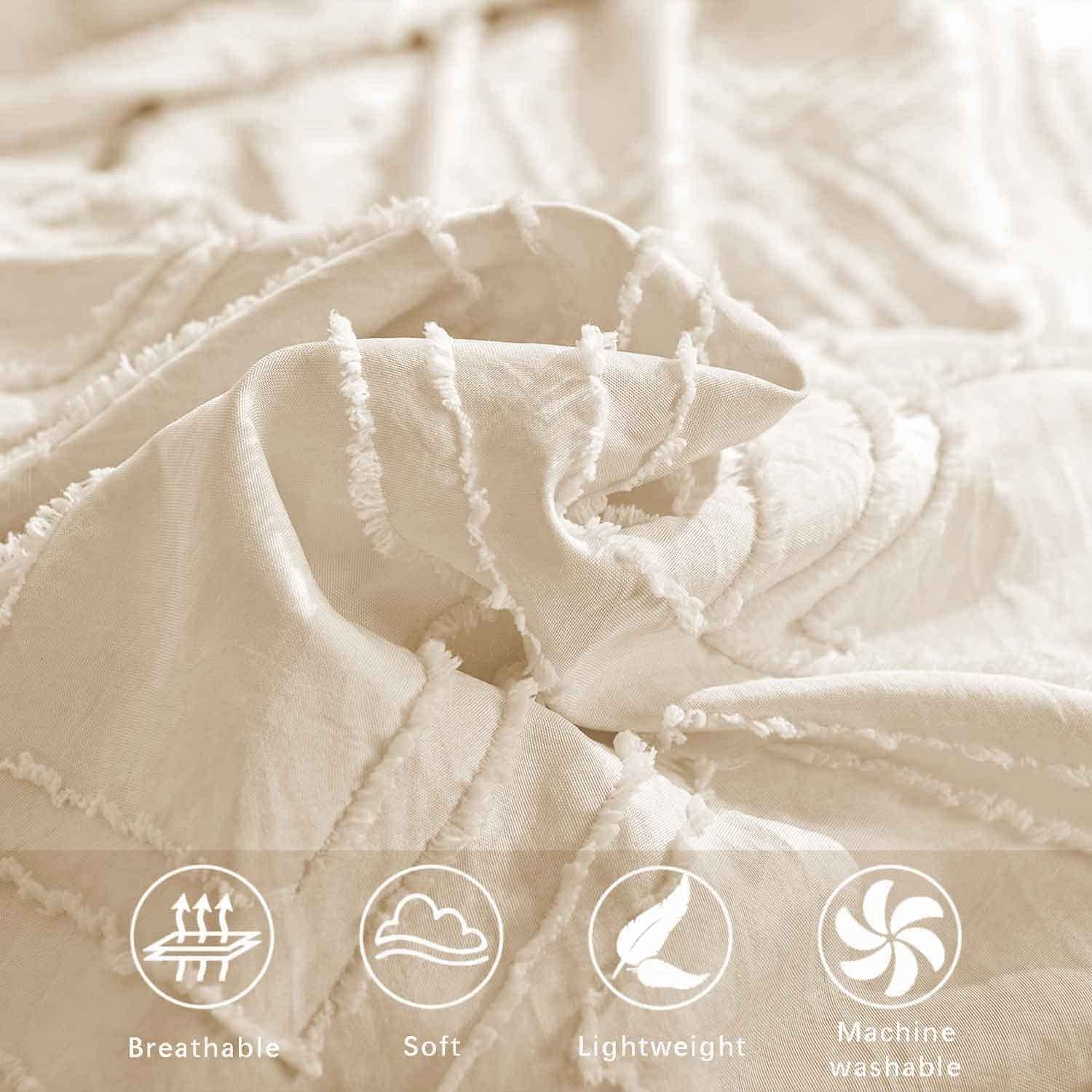 Queen Comforter Set Beige Tufted Jacquard Boho Geometry Soft Shabby Chic down Alternative Microfiber Bedding - All Season Duvet Modern Farmhouse Bed Sets Women Men Size 90 X90 3Pc Cream Tan