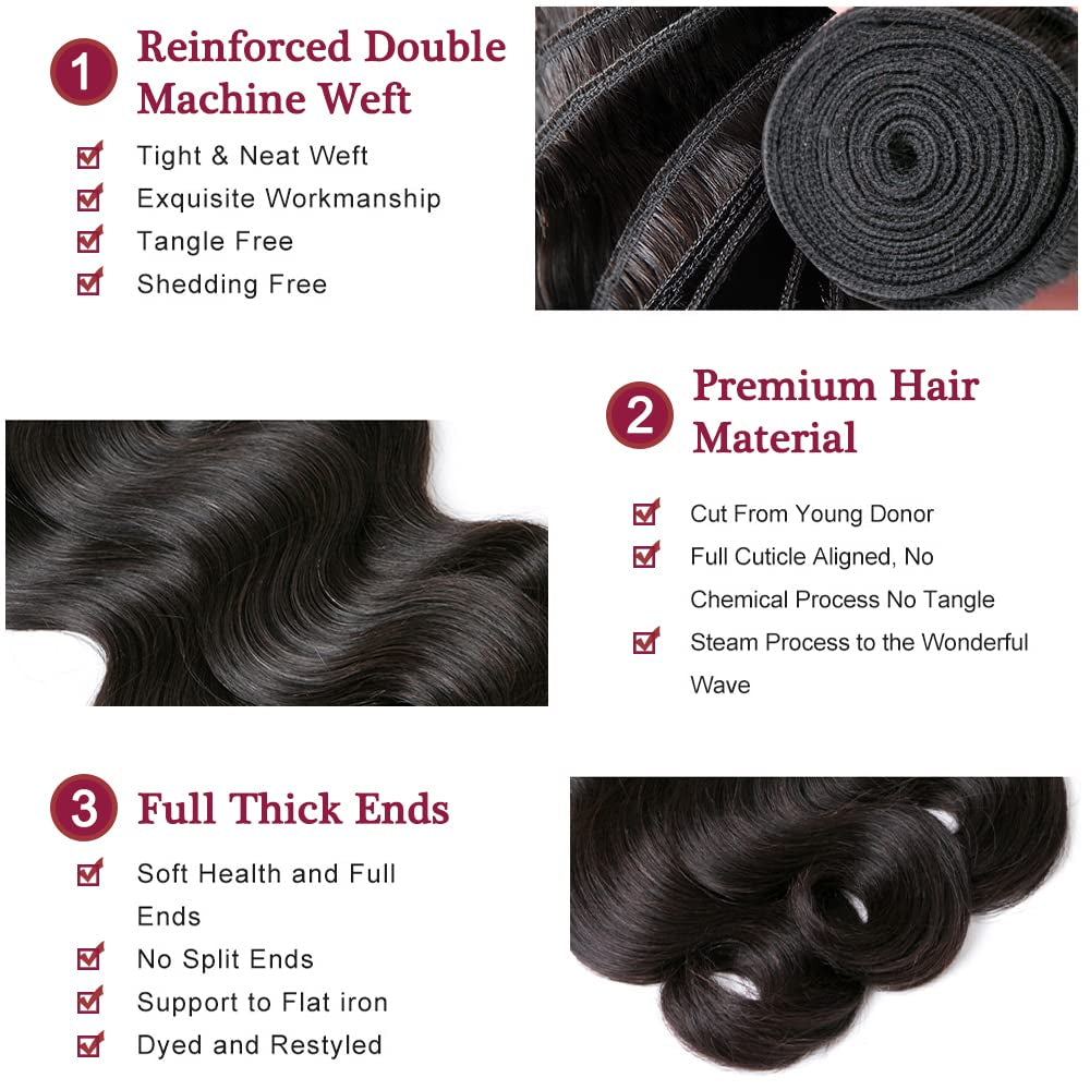 Brazilian Body Wave 3 Bundles with Closure 100% Unprocessed Brazilian Body Wave Human Hair Bundles with 4X4 Lace Closure Free Part Natural Color (24 26 28+22, Bundles with Closure)