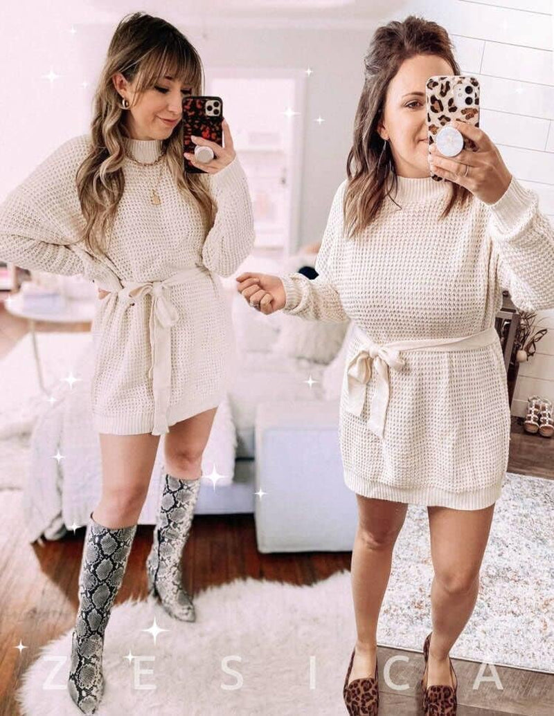 Women'S 2023 Fall Long Sleeve Solid Color Waffle Knitted Tie Wasit Tunic Pullover Sweater Dress