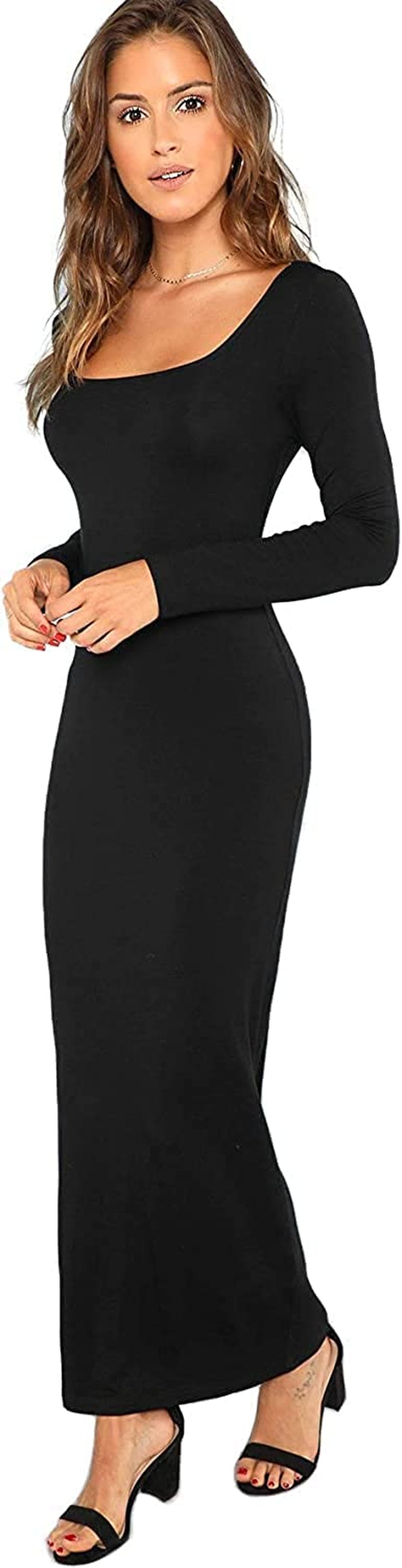 Women'S Long Sleeve Square Neck Bodycon Maxi Long Dress