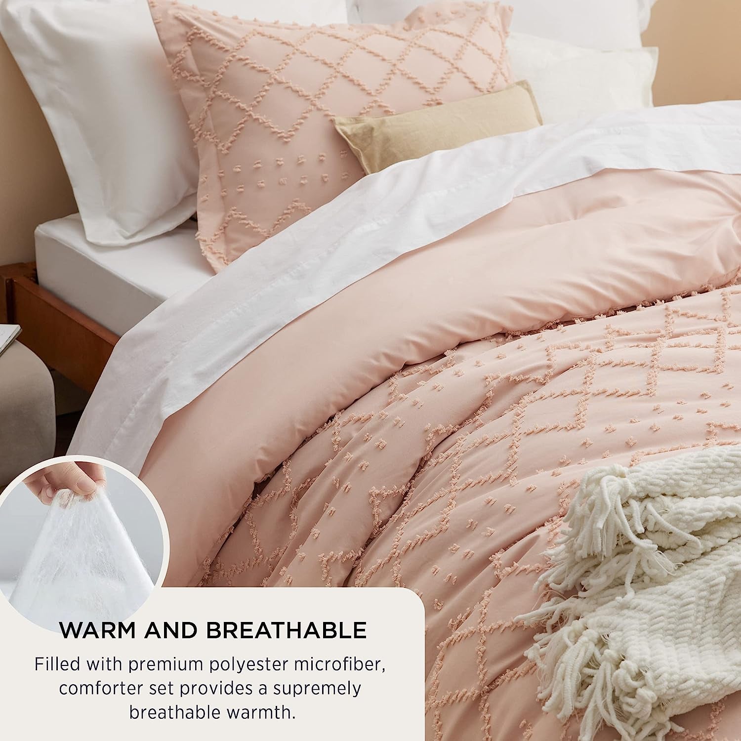 Bedsure Boho Comforter Set Queen - Coral Pink Tufted Shabby Chic Bedding Comforter Set for All Seasons, 3 Pieces Western Comforter Set, Farmhouse Modern Bed Set, Spring Bedding for Women Men Girls