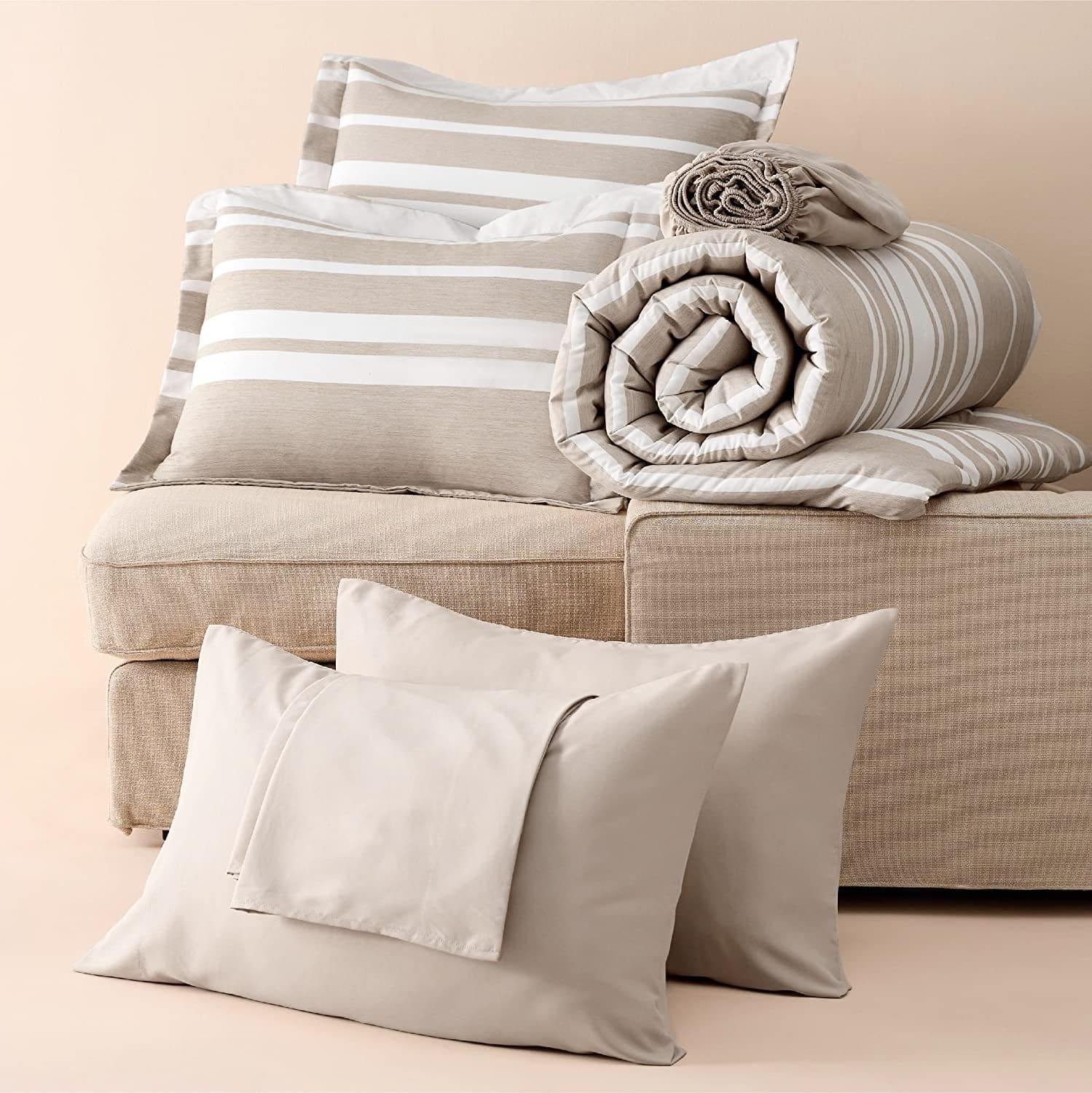 Bedsure Bed in a Bag Full Size 7 Pieces, Khaki White Striped Bedding Comforter Sets All Season Bed Set, 2 Pillow Shams, Flat Sheet, Fitted Sheet and 2 Pillowcases