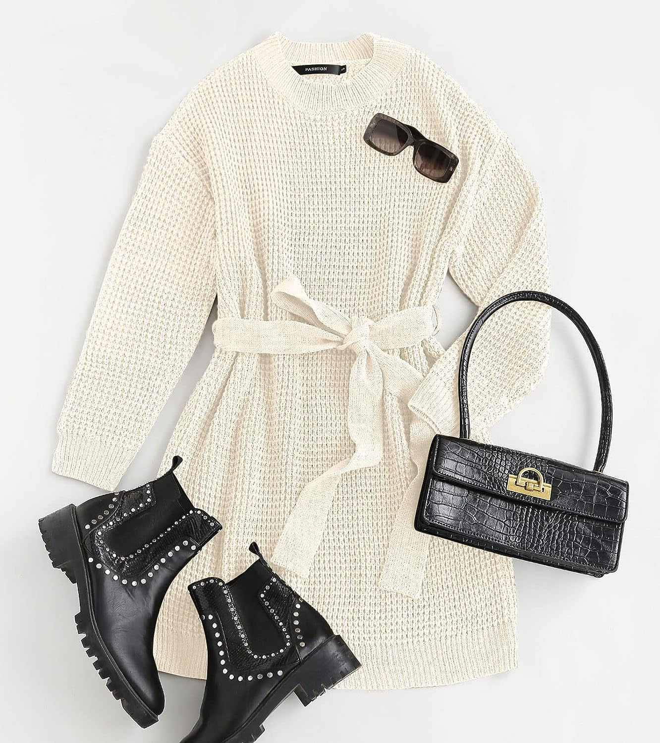Women'S 2023 Fall Long Sleeve Solid Color Waffle Knitted Tie Wasit Tunic Pullover Sweater Dress