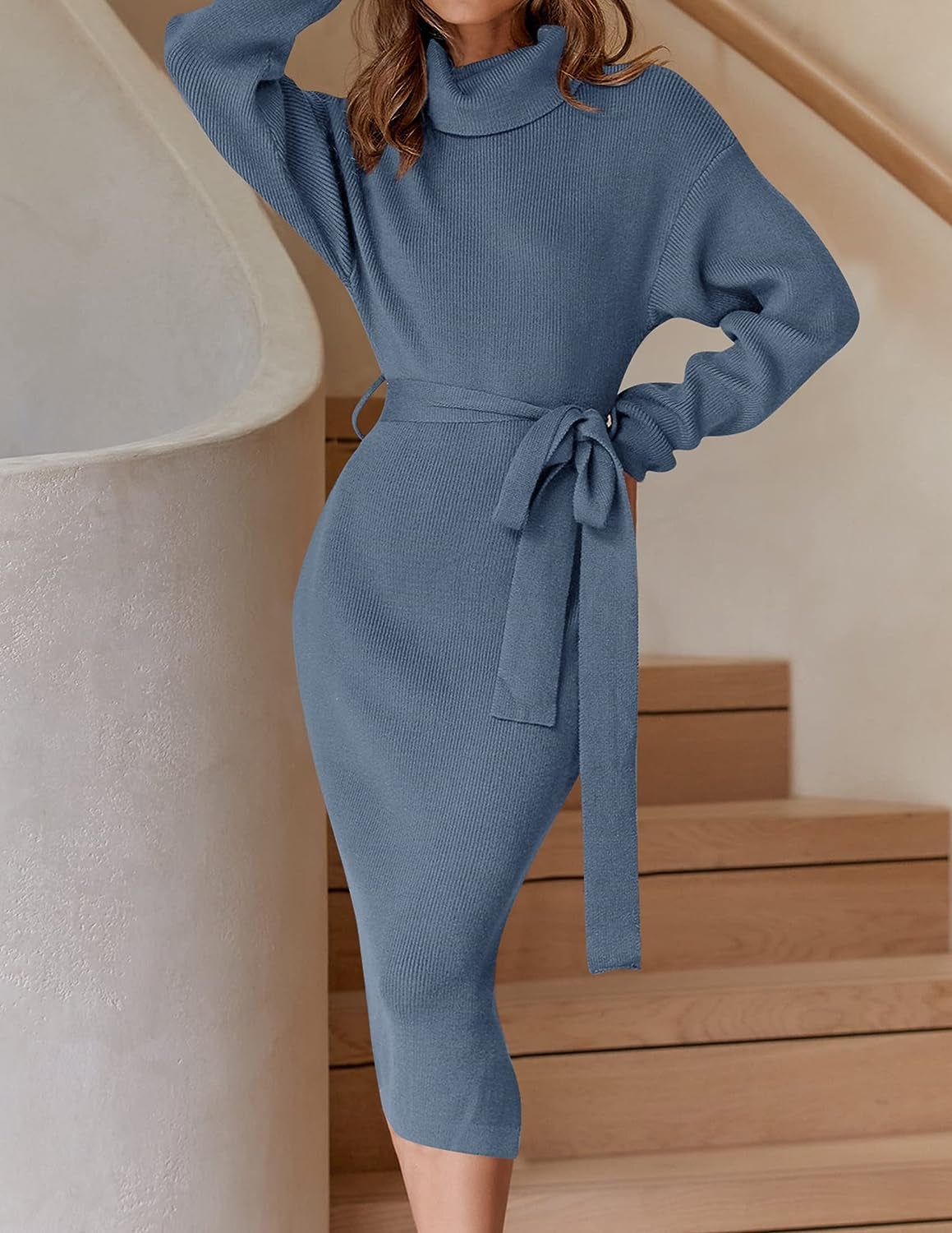 Women'S Turtleneck Sweater Midi Dress Long Sleeve Ribbed Knit Bodycon Slit Dress with Belt