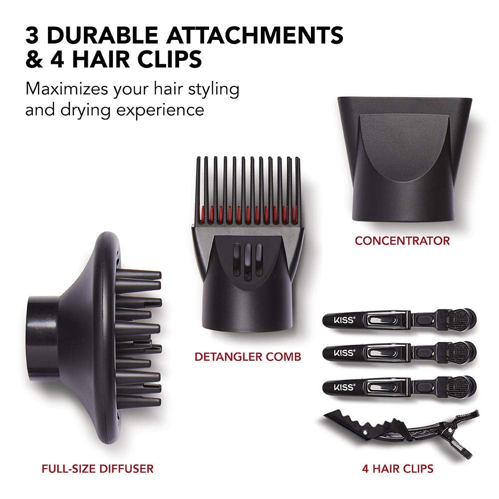 1875 Watt Pro Tourmaline Ceramic Hair Dryer, 3 Heat Settings, 2 Speed Slide Switch, Cool Shot Button, 2 Detangler Combs, 1 Concentrator, 1 Diffuser, Removable Filter Cap & 4 Sectioning Clips