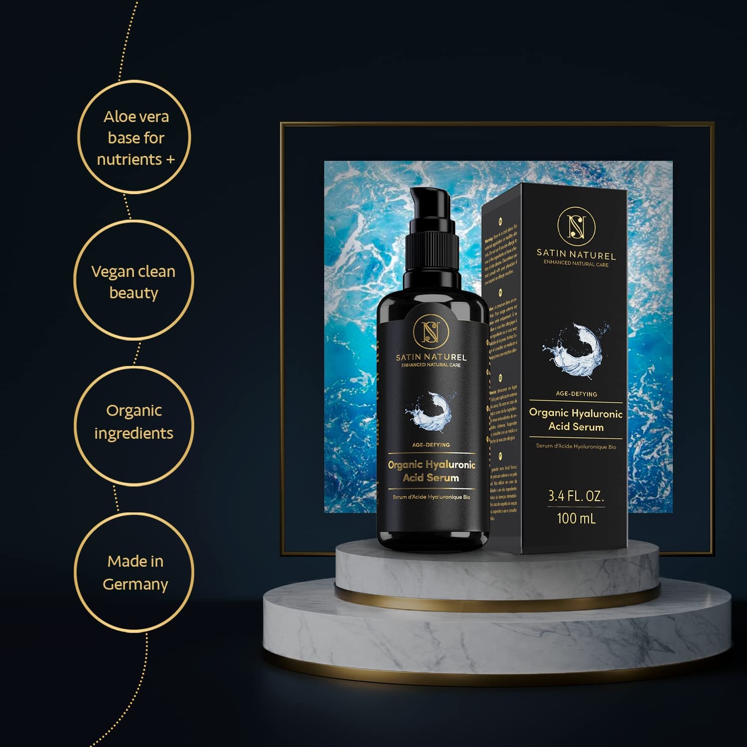 Organic Hyaluronic Acid Serum Face Moisturizer for Sensitive Skin (100Ml) - Dermatologically Tested, Organic Ingredients, No Harmful Chemichals - Reduces Wrinkles and Fine Lines - Satin Naturel