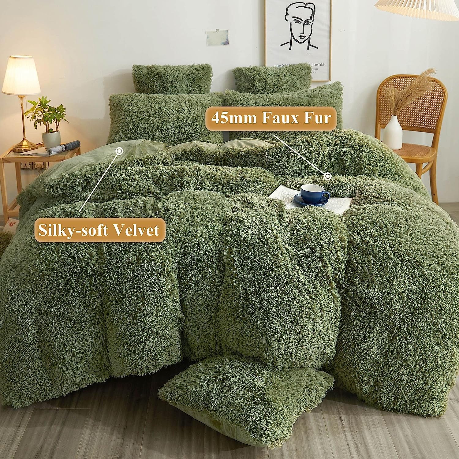 Cozy Plush Shaggy Duvet Cover, Luxury Soft Fluffy Furry Solid Color Comforter Cover, 1 PC Bedding for Girls Women Bedroom (1 Faux Fur Fuzzy Quilt Cover), Zipper Closure (Queen Size, Sage Green)