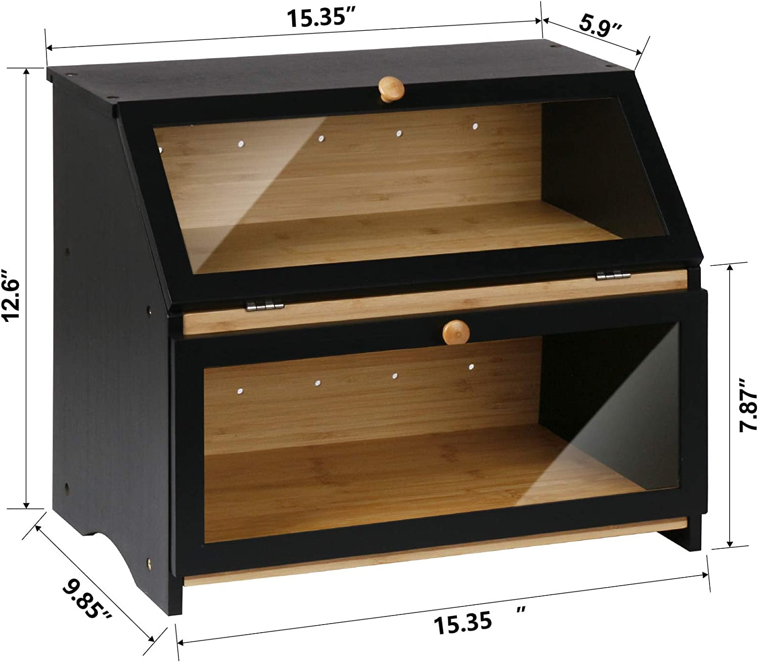 Double Layer Large Bread Box for Kitchen Counter, Wooden Large Capacity Bread Storage Bin (Black)