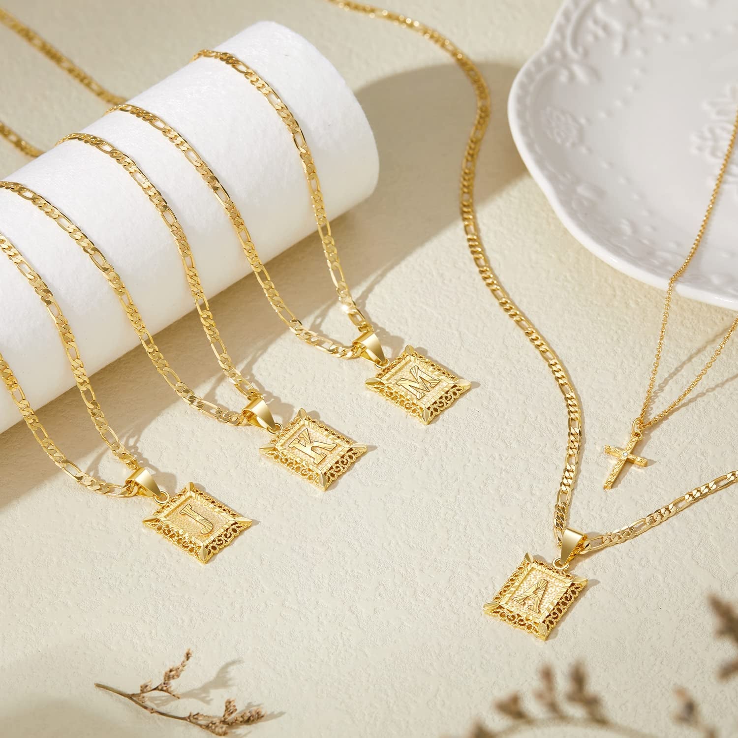 Gold Layered Initial Cross Necklace, 14K Gold Plated Layering Square Letter Pendant Figaro Chain Cross Choker from A-Z Capital Jewelry for Women Girls