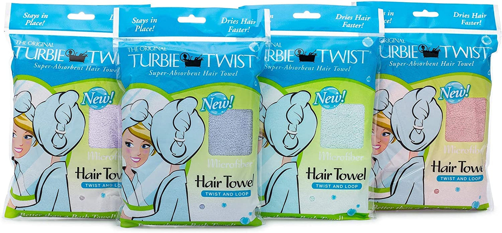 Microfiber Hair Towel Wrap for Women and Men | 4 Pack | Quick Dry Turban for Drying Curly, Long & Thick Hair (Pink, Purple, Blue, Aqua)