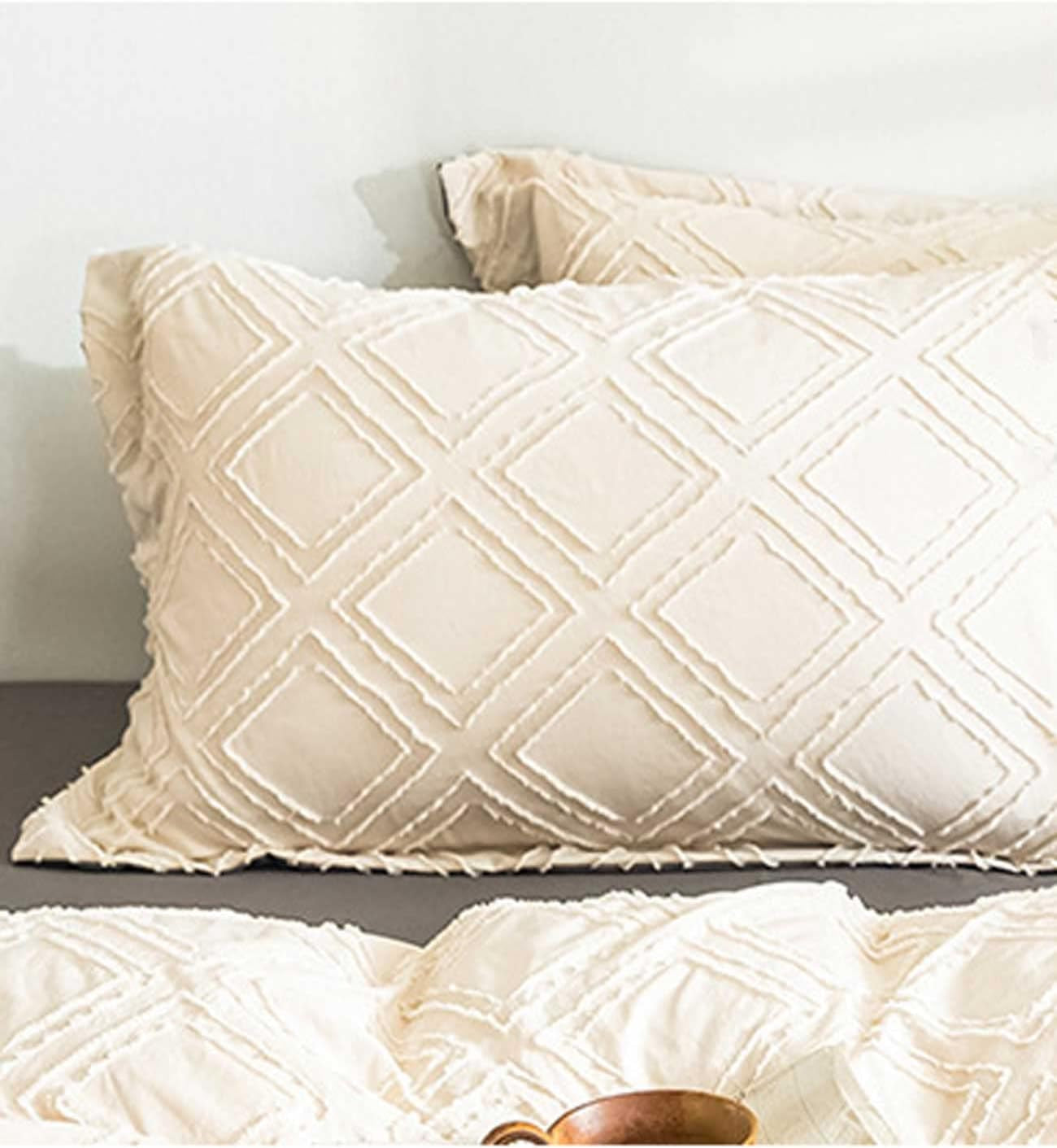 Queen Comforter Set Beige Tufted Jacquard Boho Geometry Soft Shabby Chic down Alternative Microfiber Bedding - All Season Duvet Modern Farmhouse Bed Sets Women Men Size 90 X90 3Pc Cream Tan