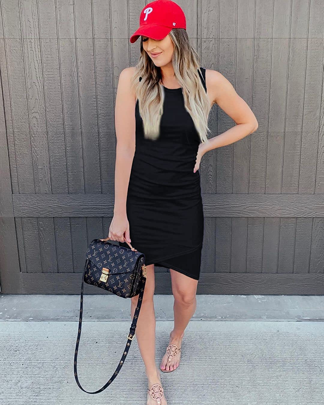 Women 2023 Summer Sleeveless Tank Dresses Crew Neck Slim Fit Short Casual Ruched Bodycon Party Club Mini Dress