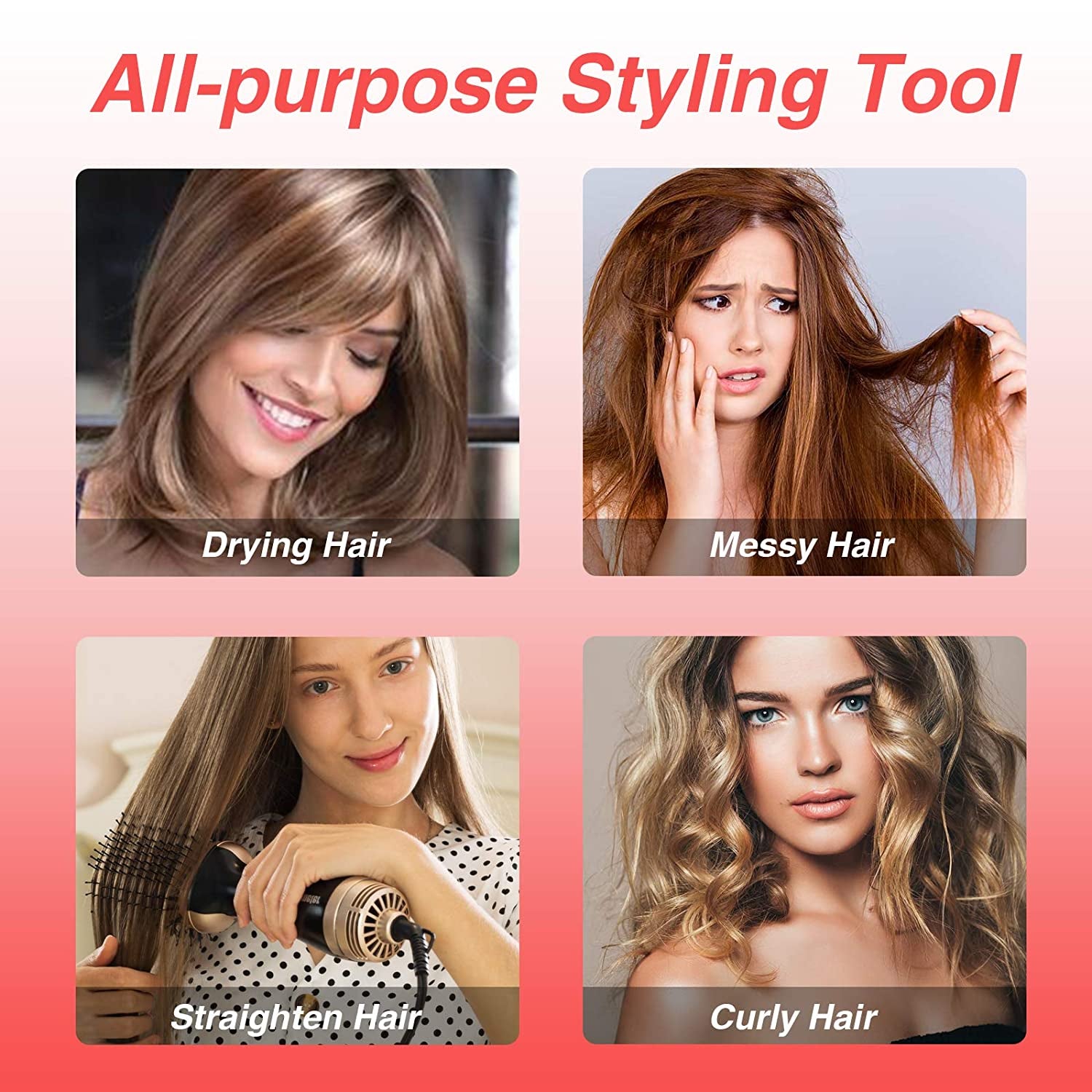 Hot Air Brush, Hair Dryer Brush & Volumizer, 3 in 1 Negative Ionic Hair Styler for Straightening, Curling, 1000W, Black & Gold