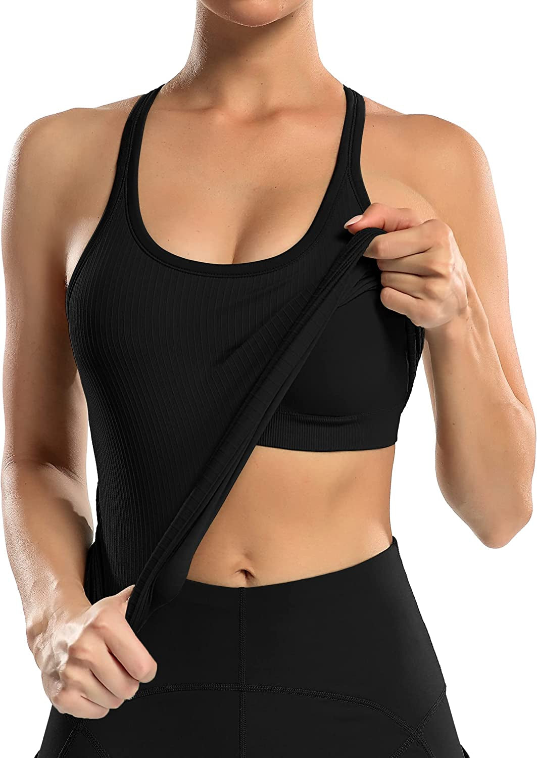 Ribbed Workout Tank Tops for Women with Built in Bra Tight Racerback Scoop Neck Athletic Top