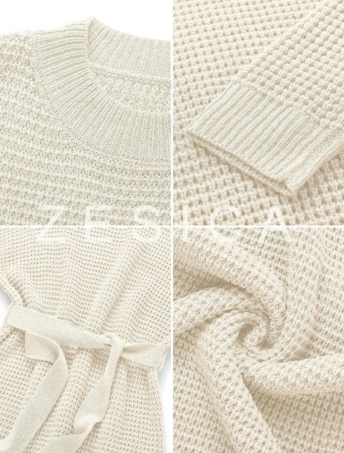 Women'S 2023 Fall Long Sleeve Solid Color Waffle Knitted Tie Wasit Tunic Pullover Sweater Dress