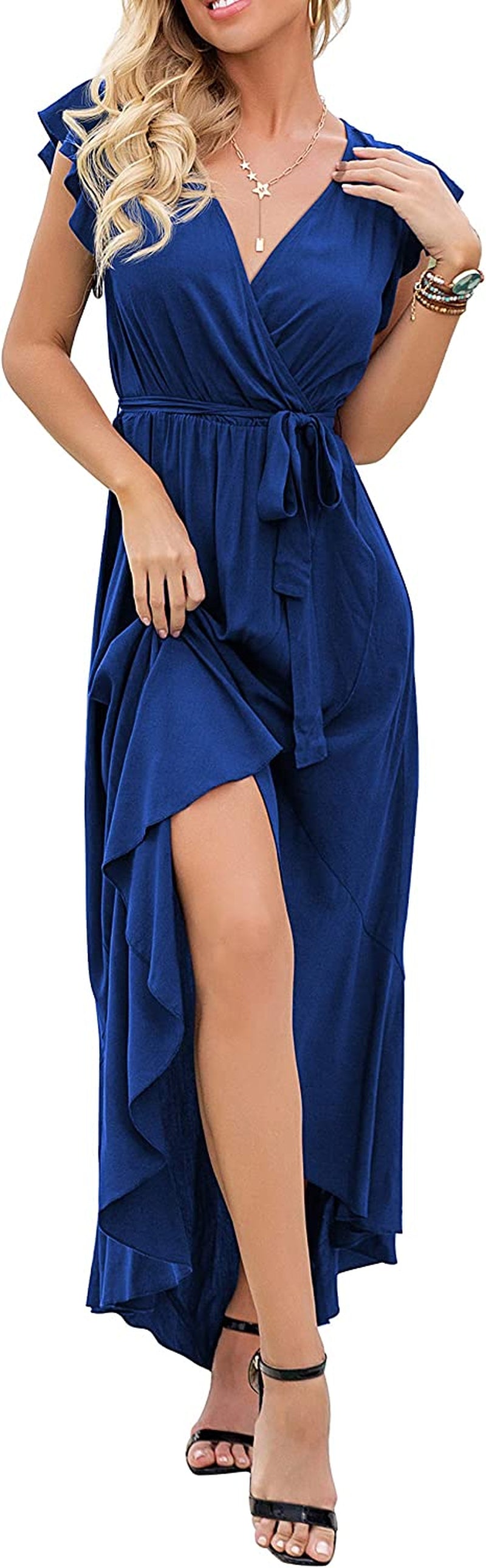 Women'S 2023 Summer Floral Print Cross V Neck Dress Bohemian Flowy Long Maxi Dresses