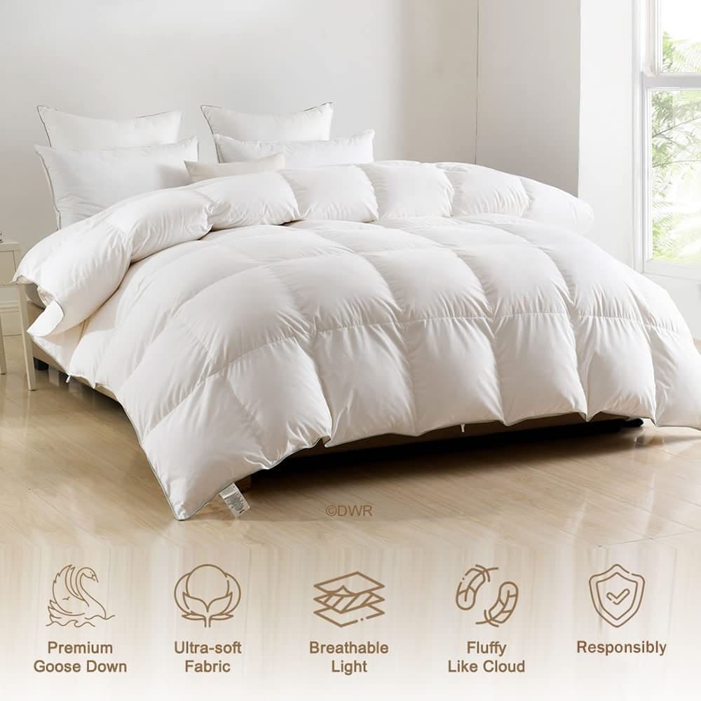 Luxury King Goose Feathers down Comforter, Ultra-Soft Egyptian Cotton Cover, 750 Fill Power Medium Weight for All Season Hotel Style Fluffy Duvet Insert with Ties (106X90 Inches, White)