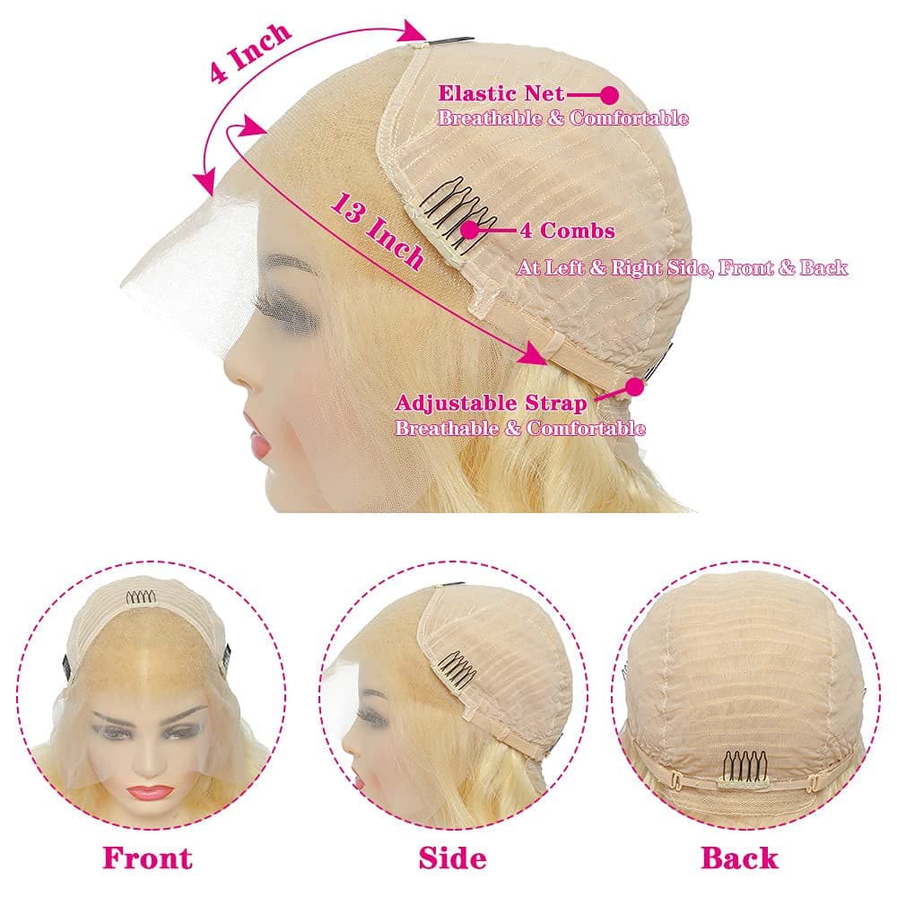 613 Body Wave Lace Front Wig Human Hair 10A Brazilian 13X4 Blonde Lace Frontal Wigs 150% Density Pre Plucked Bleached Knots with Baby Hair 22 Inch