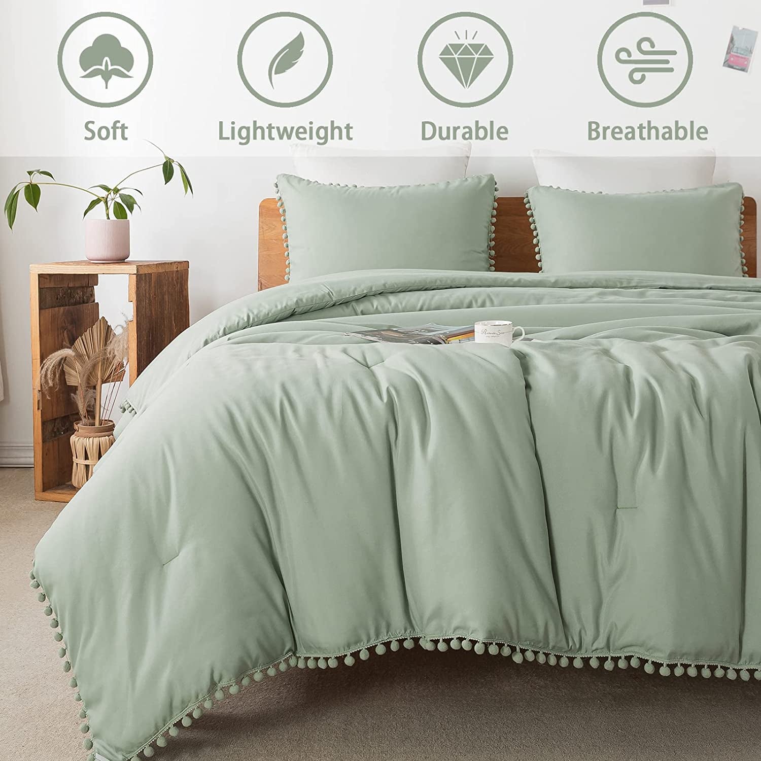 Sage Green Pom Pom Fringe Comforter Full(79X90 Inch), 3 Pieces(1 Boho Comforter and 2 Pillowcases) Aesthetic and Lightweight Microfiber down Alternative Bedding Set