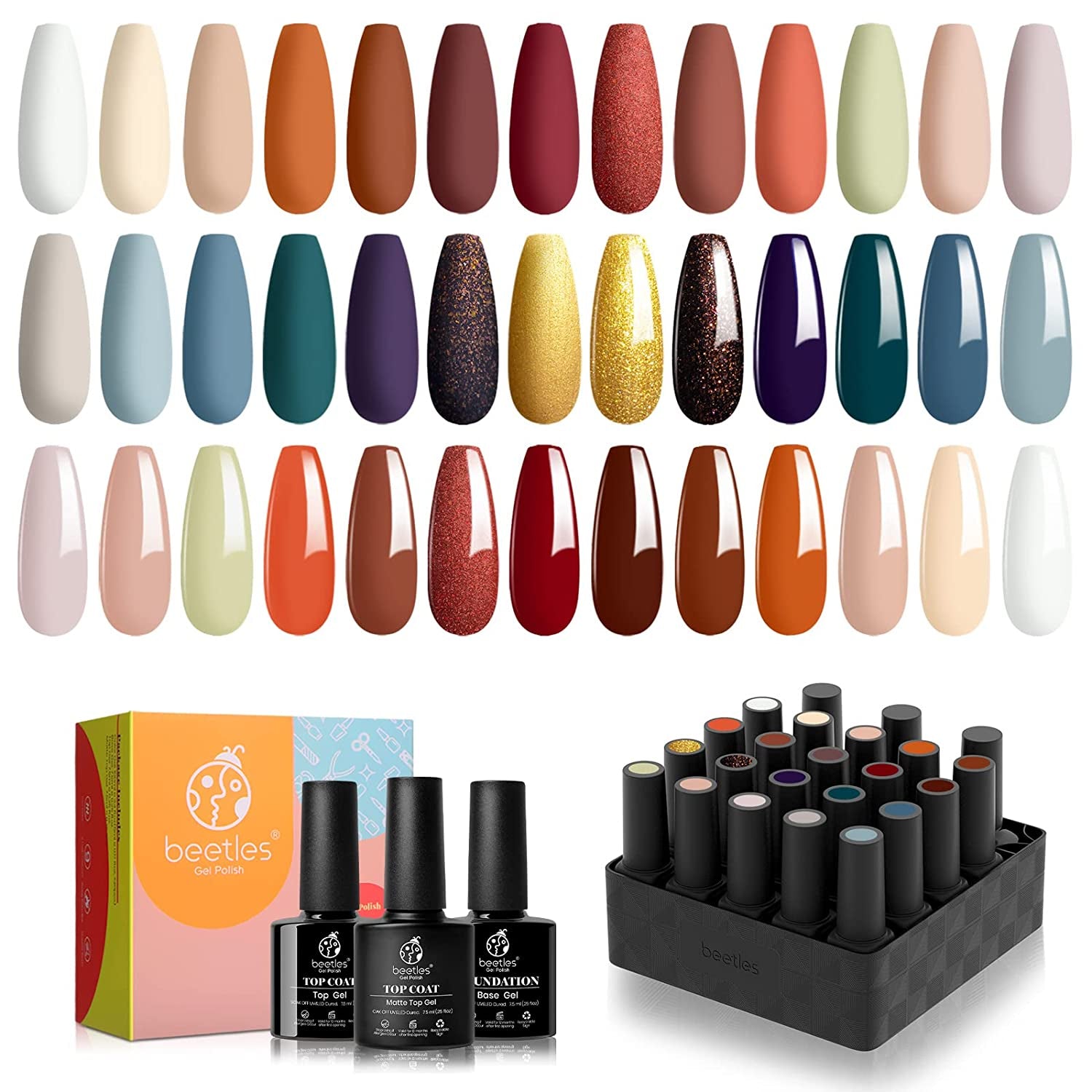 Beetles 23Pcs Gel Nail Polish Kit with Base Gel Top Coat Reason and Romance Collection Orange Brown Burgundy Red Gray Golden Soak off U V Nail Lamp Gel Polish Set Manicure Gifts for Women