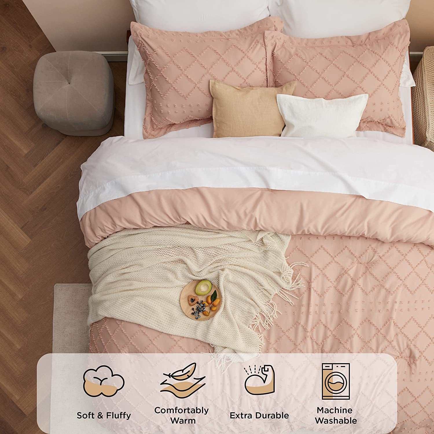 Bedsure Boho Comforter Set Queen - Coral Pink Tufted Shabby Chic Bedding Comforter Set for All Seasons, 3 Pieces Western Comforter Set, Farmhouse Modern Bed Set, Spring Bedding for Women Men Girls