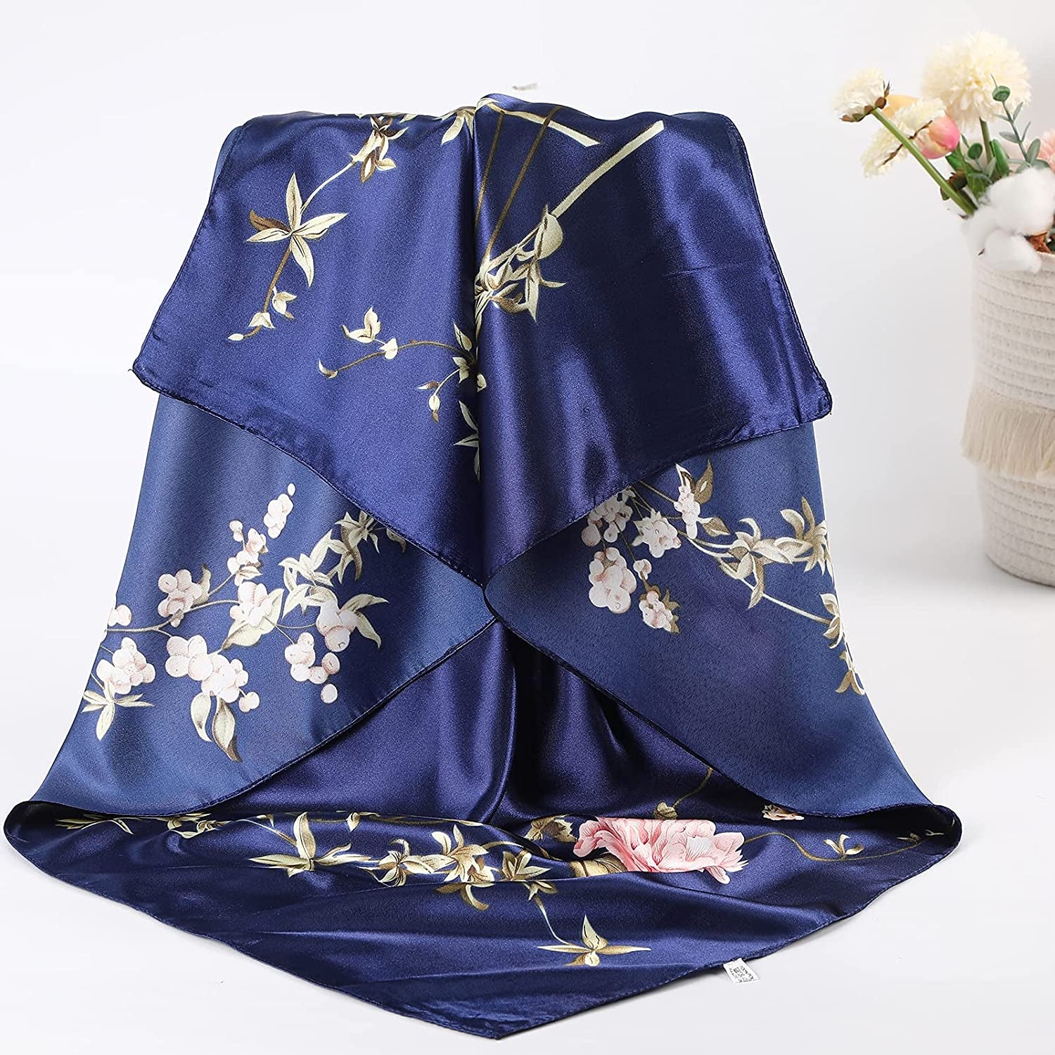35” Large Satin Square Head Scarf - 2Pcs Silk like Floral Head Scarves Square Satin Hair Scarf Bandanas for Women