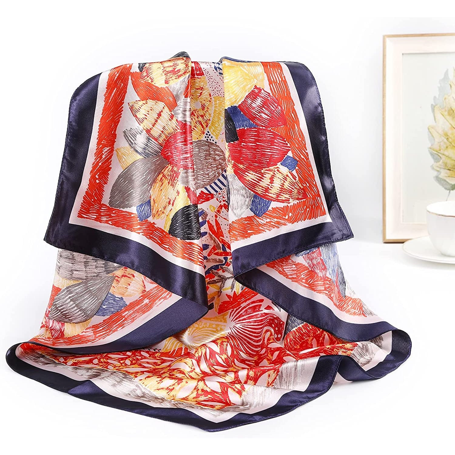 35” Large Satin Square Head Scarf - 2Pcs Silk like Floral Head Scarves Square Satin Hair Scarf Bandanas for Women
