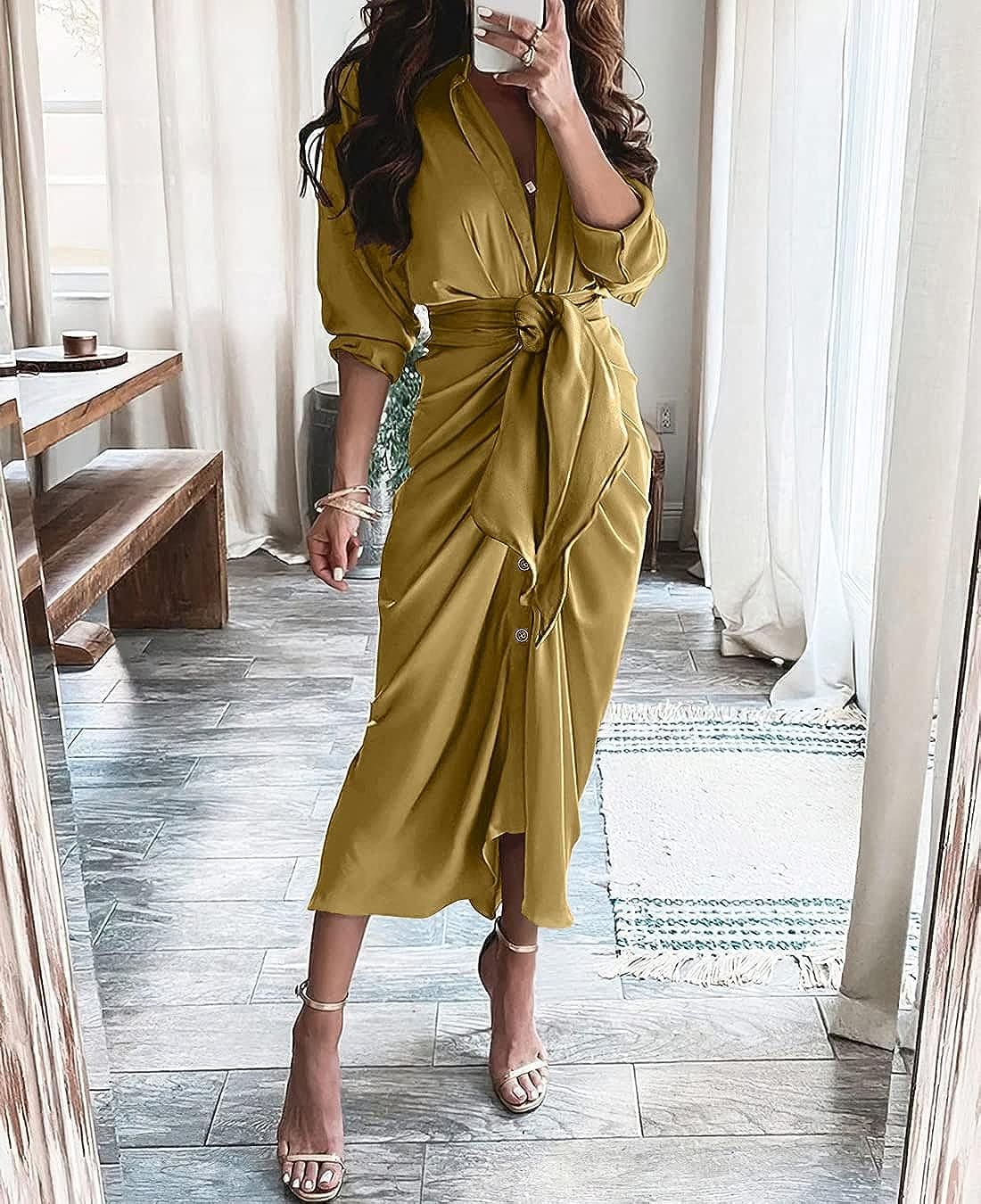Women 2023 Long Sleeve Lapel V Neck Button down Satin Dress Belted Elegant Ruched Summer Fall Maxi Shirt Dresses