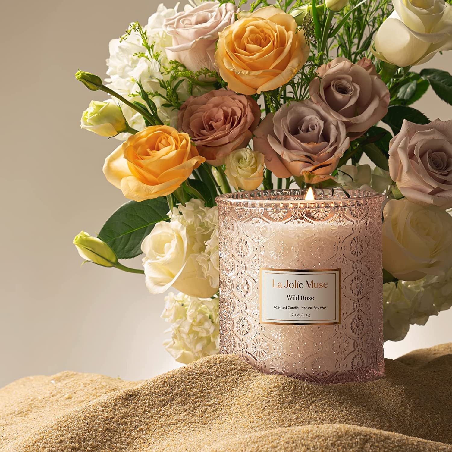 Candle Gift for Women, Rose Scented Candle, Wood Wicked Glass Jar Candles for Home Scented, Large Candle, Long Burning Time, 19.4 Oz