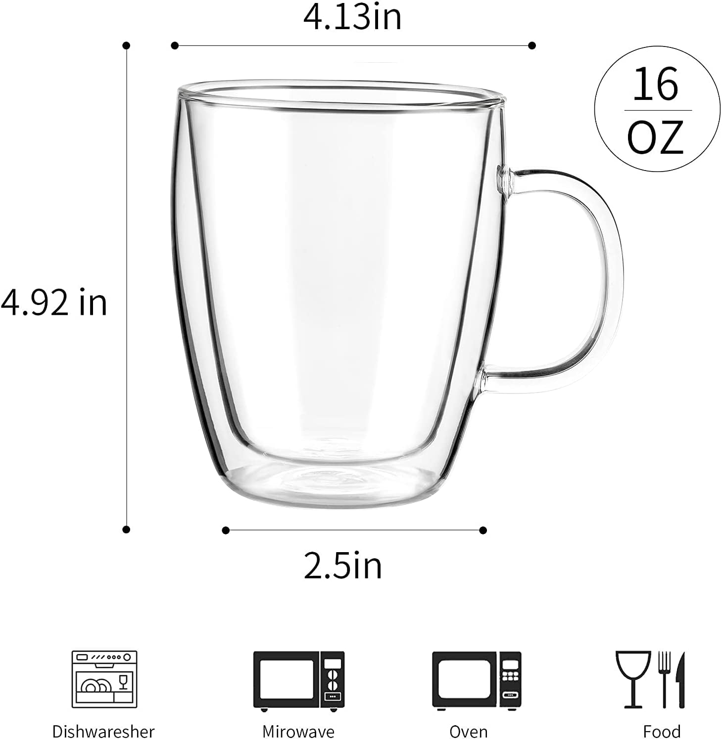 Double Wall Coffee Mugs, (4-Pcak) 16 Ounces-Clear Glass with Handle,Insulated,Cappuccino,Tea ,Latte Cups,Beverage Glasses Heat Resistant