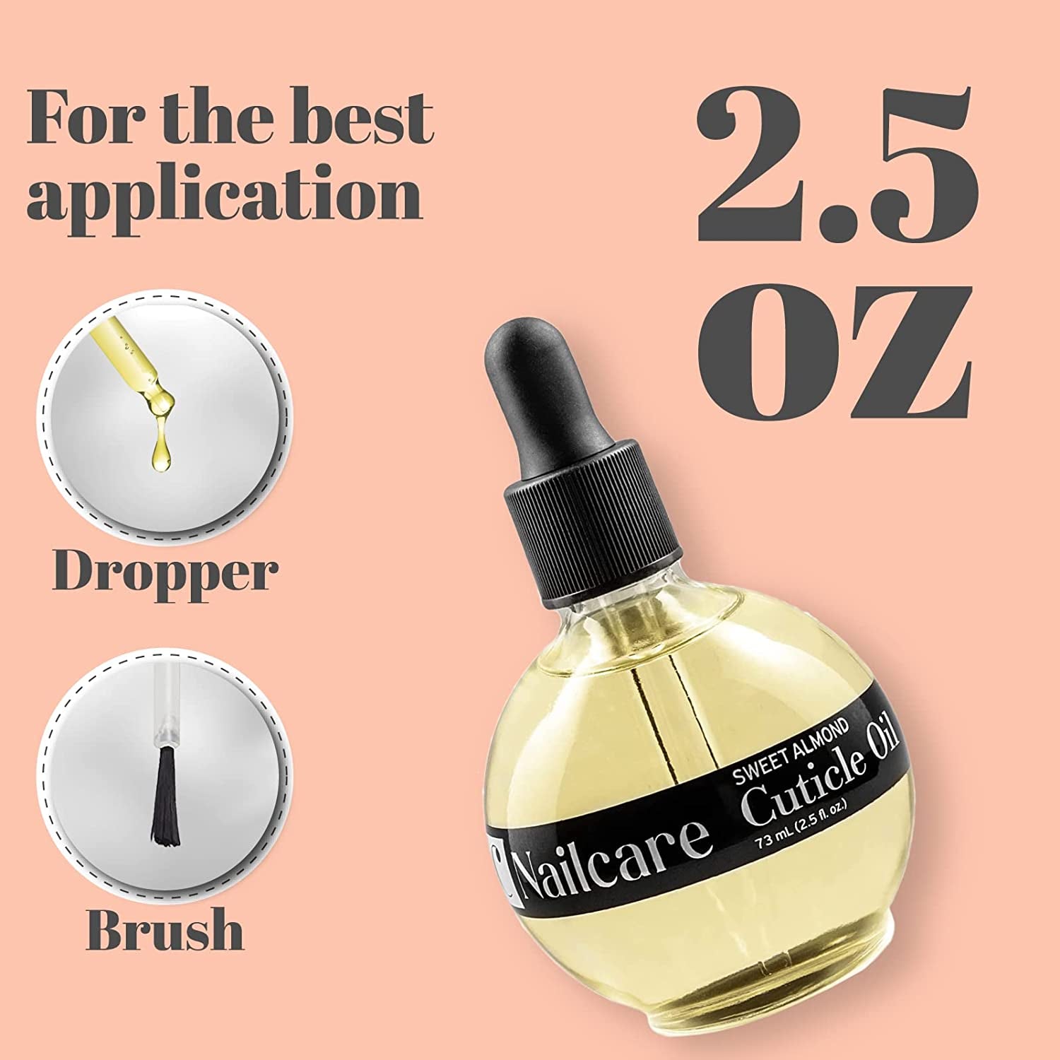 C CARE Sweet Almond Cuticle Oil - Extra Large 2.5 Oz Bottle - Moisturizes and Strengthens Nails and Cuticles - Dropper & Brush Included
