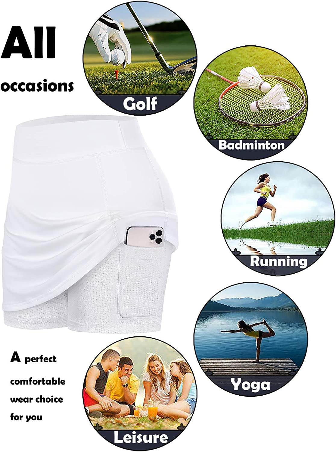 Women Tennis Skirts Inner Shorts Elastic Sports Golf Skorts with Pockets