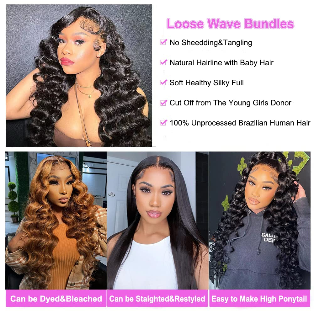 Human Hair Loose Wave Bundles 100% Unprocessed Brazilian Virgin Hair Loose Wave 3 Bundles Human Hair Bundles Weave Hair Human Bundles
