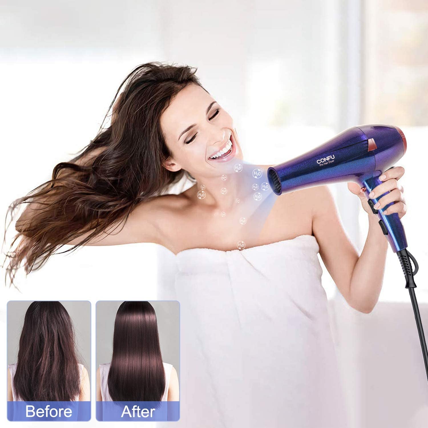 Professional Hair Dryer, Compact Blow Dryer, Negative Ionic Hair Dryer with Diffuser and Concentrator, for Quick Drying, ETL Certified, Purple