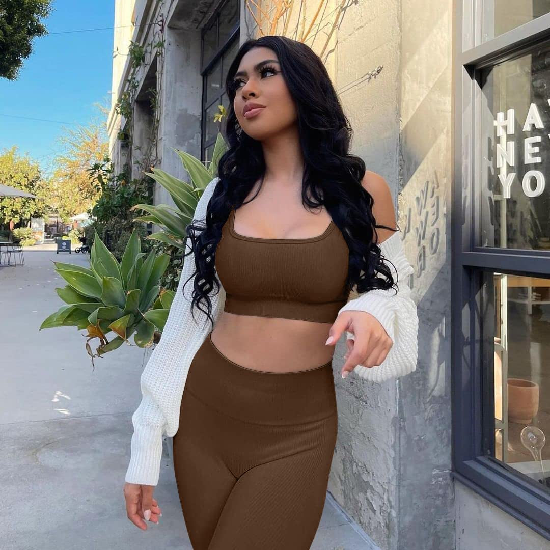 Women'S 4 Piece Outfits Ribbed Exercise Scoop Neck Sports Bra One Shoulder Tops High Waist Shorts Leggings Active Set