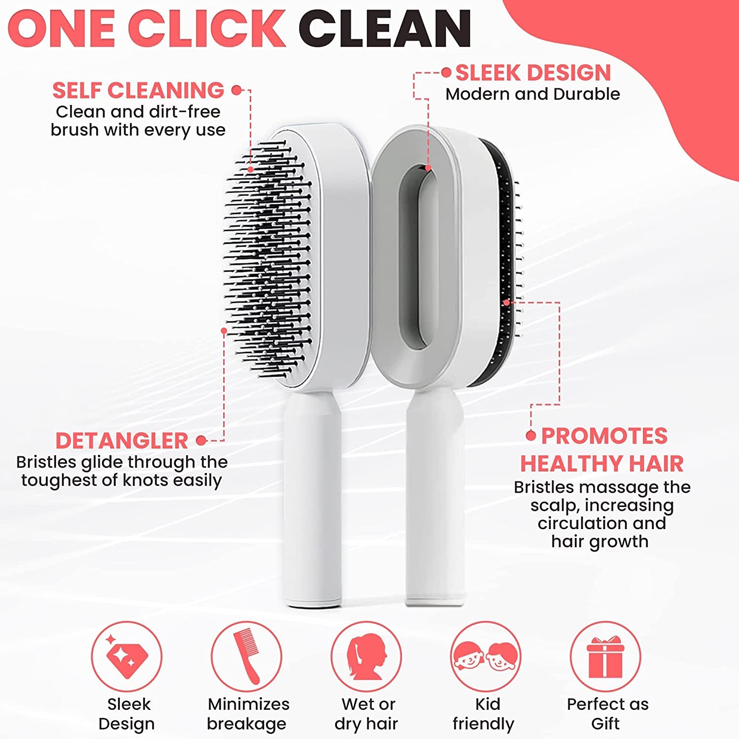 Self Cleaning Hair Brushes for Women, Kids - Hair Brush for Curly, Thick, Straight, Thin, Wet or Dry Hair - Detangling Brush and Scalp Massager - Detangler Brush Comb Pain Free (White)
